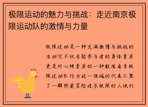 极限运动的魅力与挑战：走近南京极限运动队的激情与力量
